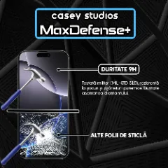 Folie Sticla CASEY STUDIOS pentru iPhone 16 Pro Max, MaxDefense+ Classic, Full Glue, Sticla Securizata, Duritate Militara, Ultra HD, Protectie Profesionala Ecran 3D, Anti Zgarieturi, Anti Socuri Transparent