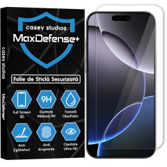 Folie Sticla CASEY STUDIOS pentru iPhone 16 Pro Max, MaxDefense+ Classic, Full Glue, Sticla Securizata, Duritate Militara, Ultra HD, Protectie Profesionala Ecran 3D, Anti Zgarieturi, Anti Socuri