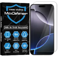 Folie Sticla CASEY STUDIOS pentru iPhone 16 Pro Max, MaxDefense+ Classic, Full Glue, Sticla Securizata, Duritate Militara, Ultra HD, Protectie Profesionala Ecran 3D, Anti Zgarieturi, Anti Socuri Transparent