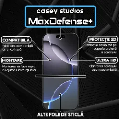 Folie Sticla CASEY STUDIOS pentru iPhone 16 Pro Max, MaxDefense+ Classic, Full Glue, Sticla Securizata, Duritate Militara, Ultra HD, Protectie Profesionala Ecran 2D, Anti Zgarieturi, Anti Socuri Transparent