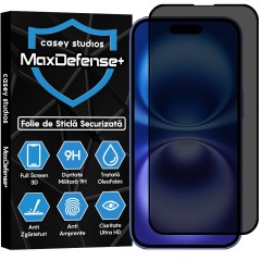 Folie Sticla CASEY STUDIOS pentru iPhone 16, MaxDefense+ Privacy, Full Glue, Sticla Securizata, Duritate Militara, Ultra HD, Protectie Profesionala Ecran 3D, Anti Zgarieturi, Anti Socuri