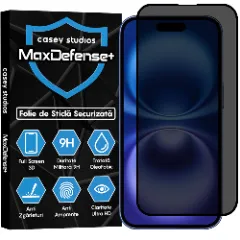 Folie Sticla CASEY STUDIOS pentru iPhone 16, MaxDefense+ Privacy, Full Glue, Sticla Securizata, Duritate Militara, Ultra HD, Protectie Profesionala Ecran 3D, Anti Zgarieturi, Anti Socuri Negru