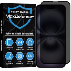 Folie Sticla CASEY STUDIOS pentru iPhone 16 Plus, MaxDefense+ Privacy, Full Glue, Sticla Securizata, Duritate Militara, Ultra HD, Protectie Profesionala Ecran 3D, Anti Zgarieturi, Anti Socuri