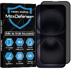 Folie Sticla CASEY STUDIOS pentru iPhone 16 Plus, MaxDefense+ Privacy, Full Glue, Sticla Securizata, Duritate Militara, Ultra HD, Protectie Profesionala Ecran 3D, Anti Zgarieturi, Anti Socuri Negru