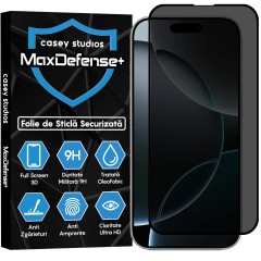 Folie Sticla CASEY STUDIOS pentru iPhone 16 Pro, MaxDefense+ Privacy, Full Glue, Sticla Securizata, Duritate Militara, Ultra HD, Protectie Profesionala Ecran 3D, Anti Zgarieturi, Anti Socuri