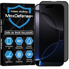 Folie Sticla CASEY STUDIOS pentru iPhone 16 Pro Max, MaxDefense+ Privacy, Full Glue, Sticla Securizata, Duritate Militara, Ultra HD, Protectie Profesionala Ecran 3D, Anti Zgarieturi, Anti Socuri