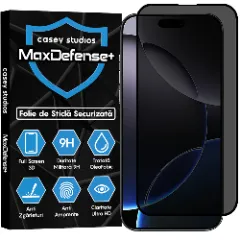 Folie Sticla CASEY STUDIOS pentru iPhone 16 Pro Max, MaxDefense+ Privacy, Full Glue, Sticla Securizata, Duritate Militara, Ultra HD, Protectie Profesionala Ecran 3D, Anti Zgarieturi, Anti Socuri Negru