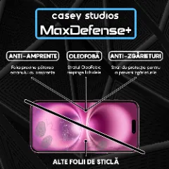 Folie Sticla CASEY STUDIOS pentru iPhone 16 Plus, MaxDefense+ Matte, Full Glue, Sticla Securizata, Duritate Militara, Ultra HD, Protectie Profesionala Ecran 3D, Anti Zgarieturi, Anti Socuri Negru