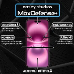 Folie Sticla CASEY STUDIOS pentru iPhone 16 Plus, MaxDefense+ Matte, Full Glue, Sticla Securizata, Duritate Militara, Ultra HD, Protectie Profesionala Ecran 3D, Anti Zgarieturi, Anti Socuri Negru