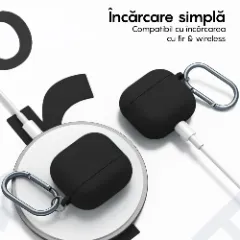 Husa Silicon Protectie pentru AirPods 4 CASEY STUDIOS™, din Silicon Moale, cu Breloc Carabina, Incarcare Wireless Negru