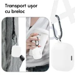 Husa Silicon Protectie pentru AirPods 4 CASEY STUDIOS™, din Silicon Moale, cu Breloc Carabina, Incarcare Wireless Alb