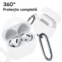 Husa Silicon Protectie pentru AirPods 4 CASEY STUDIOS™, din Silicon Moale, cu Breloc Carabina, Incarcare Wireless Alb