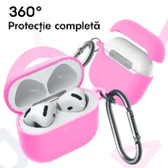 Husa Silicon Protectie pentru AirPods 4 CASEY STUDIOS™, din Silicon Moale, cu Breloc Carabina, Incarcare Wireless Roz