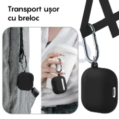 Husa Silicon Protectie pentru AirPods 4 CASEY STUDIOS™, din Silicon Moale, cu Breloc Carabina, Incarcare Wireless Negru