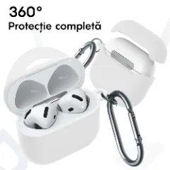 Husa Silicon Protectie pentru AirPods 4 CASEY STUDIOS™, din Silicon Moale, cu Breloc Carabina, Incarcare Wireless Transparent