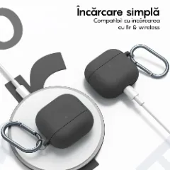 Husa Silicon Protectie pentru AirPods 4 CASEY STUDIOS™, din Silicon Moale, cu Breloc Carabina, Incarcare Wireless Dark Grey