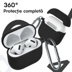 Husa Silicon Protectie pentru AirPods 4 CASEY STUDIOS™, din Silicon Moale, cu Breloc Carabina, Incarcare Wireless Negru