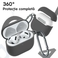 Husa Silicon Protectie pentru AirPods 4 CASEY STUDIOS™, din Silicon Moale, cu Breloc Carabina, Incarcare Wireless Dark Grey