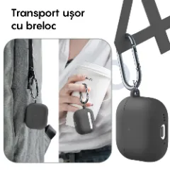 Husa Silicon Protectie pentru AirPods 4 CASEY STUDIOS™, din Silicon Moale, cu Breloc Carabina, Incarcare Wireless Dark Grey