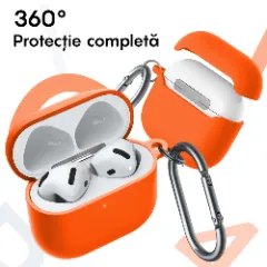 Husa Silicon Protectie pentru AirPods 4 CASEY STUDIOS™, din Silicon Moale, cu Breloc Carabina, Incarcare Wireless Portocaliu