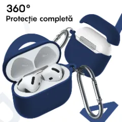 Husa Silicon Protectie pentru AirPods 4 CASEY STUDIOS™, din Silicon Moale, cu Breloc Carabina, Incarcare Wireless Midnight Blue