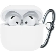 Husa Silicon Protectie pentru AirPods 4 CASEY STUDIOS™, din Silicon Moale, cu Breloc Carabina, Incarcare Wireless Alb 