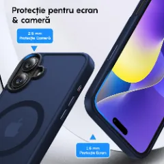 Husa MagSafe pentru iPhone 16, CASEY STUDIOS, de Protectie, Slim, pentru Incarcare Wireless, Margini Ridicate pentru Protectia Ecranului si a Camerelor Albastru