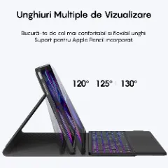 Husa cu Tastatura Iluminata si TouchPad compatibila cu Apple iPad Pro 11 2024, CASEY STUDIOS, Tastatura Iluminata RGB in 7 Culori, Wireless, Bluetooth 5.3, Unghiuri Ajustabile, Port USB-C, Cablu Type-C, Suport Stylus Pen, Negru Negru