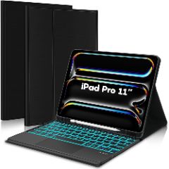 Husa cu Tastatura Iluminata si TouchPad compatibila cu Apple iPad Pro 11 2024, CASEY STUDIOS, Tastatura Iluminata RGB in 7 Culori, Wireless, Bluetooth 5.3, Unghiuri Ajustabile, Port USB-C, Cablu Type-C, Suport Stylus Pen, Negru