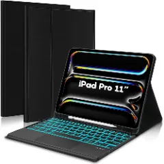 Husa cu Tastatura Iluminata si TouchPad compatibila cu Apple iPad Pro 11 2024, CASEY STUDIOS, Tastatura Iluminata RGB in 7 Culori, Wireless, Bluetooth 5.3, Unghiuri Ajustabile, Port USB-C, Cablu Type-C, Suport Stylus Pen, Negru Negru