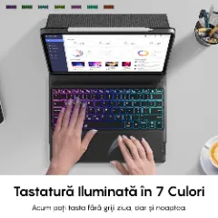 Husa cu Tastatura Iluminata si TouchPad compatibila cu Apple iPad Pro 11 2024, CASEY STUDIOS, Tastatura Iluminata RGB in 7 Culori, Wireless, Bluetooth 5.3, Unghiuri Ajustabile, Port USB-C, Cablu Type-C, Suport Stylus Pen, Negru Negru