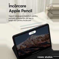 Husa cu Tastatura Iluminata si TouchPad compatibila cu Apple iPad Pro 11 2024, CASEY STUDIOS, Tastatura Iluminata RGB in 7 Culori, Wireless, Bluetooth 5.3, Unghiuri Ajustabile, Port USB-C, Cablu Type-C, Suport Stylus Pen, Negru Negru