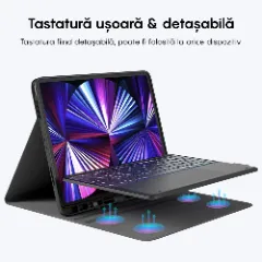 Husa cu Tastatura Iluminata si TouchPad compatibila cu Apple iPad Pro 11 2024, CASEY STUDIOS, Tastatura Iluminata RGB in 7 Culori, Wireless, Bluetooth 5.3, Unghiuri Ajustabile, Port USB-C, Cablu Type-C, Suport Stylus Pen, Negru Negru
