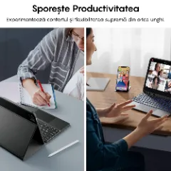 Husa cu Tastatura Iluminata si TouchPad compatibila cu Apple iPad Pro 11 2024, CASEY STUDIOS, Tastatura Iluminata RGB in 7 Culori, Wireless, Bluetooth 5.3, Unghiuri Ajustabile, Port USB-C, Cablu Type-C, Suport Stylus Pen, Negru Negru