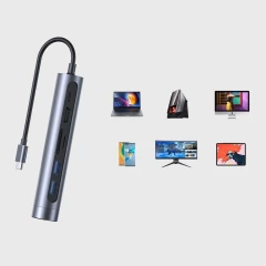 HUB USB-C la 2x USB, HDMI 4K 30Hz, RJ-45, SD, MicroSD JoyRoom, 100W - Gri Gri