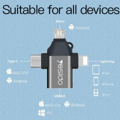 Adaptor USB 3.0 la Lightning, Micro-Usb, Type-C, Plug & Play, 480Mbps Yesido OTG, GS15 - Negru Negru