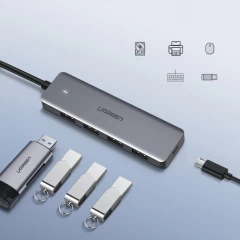HUB Type-C la 4x USB 3.2 cu Incarcare Micro-USB Ugreen, gri, CM219 70336 - Verde Verde