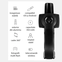 Selfie Stick Spigen Trepied Bluetooth cu Telecomanda, Lampa Led, Stabilizator Gimbal, S610W - Negru Negru