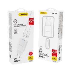 Set Incarcator Priza Quick Charge Dudao 1x USB + Cablu Lightning 2.4A, A3EU- Alb - Alb Alb