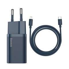 Kit Incarcator Priza Fast Charge USB-C, PD, 20W, + Cablu TYPE-C to Lightning Baseus (TZCCSUP-B0) - Albastru