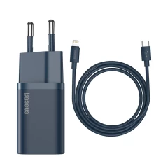 Kit Incarcator Priza Fast Charge USB-C, PD, 20W, + Cablu TYPE-C to Lightning Baseus (TZCCSUP-B0) - Albastru Albastru