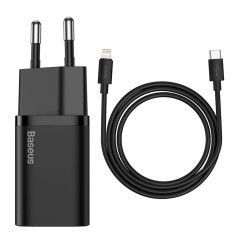Kit Incarcator Priza Fast Charge USB-C, PD, 20W, + Cablu TYPE-C to Lightning Baseus (TZCCSUP-B01) - Negru