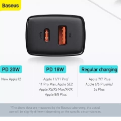 Incarcator Priza Fast Charge USB-C, PD, 20W, USB-A, QC, 3A Baseus (CCXJ-B01) - Negru Negru