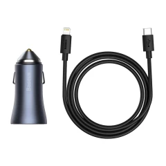 Kit Incarcator Auto Fast Charge USB-A, USB-C, 40W + Cablu TYPE-C to Lightning Baseus (TZCCJD-B0G) - Gri Inchis Gri Inchis