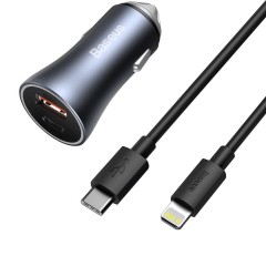 Kit Incarcator Auto Fast Charge USB-A, USB-C, 40W + Cablu TYPE-C to Lightning Baseus (TZCCJD-B0G) - Gri Inchis