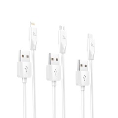 Cablu Date 3 in 1, USB-A la Lightning, Type-C si Micro-USB, 2.1A, 1.0m, HOCO, X1 - Alb