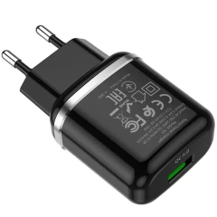 Kit Incarcator Priza Fast Charge USB-A, 18W, 3A + Cablu USB-A to USB TYPE-C 1.0m HOCO (N3 Special) - Negru Negru