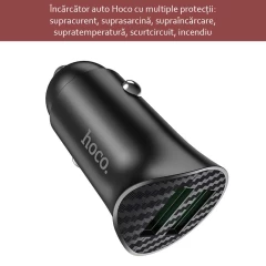 Incarcator Auto Fast Charge 2xUSB-A, QC 3.0, 18W, 3A HOCO (Z39 Farsighted) - Negru Negru