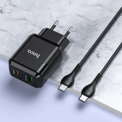 Kit Incarcator Priza Fast Charge USB-A, USB TYPE-C, Q.C 3.0, PD 20W, 3A + Cablu USB TYPE-C to USB TYPE-C 1.0m HOCO (N5 Favor) - Negru Negru