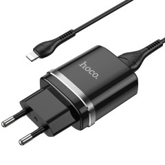 Kit Incarcator Priza USB-A, 10W, 2.4A + Cablu USB-A to Lightning 1.0m HOCO (N1 Ardent) - Negru